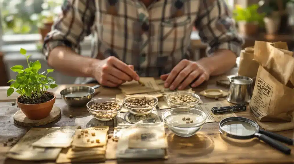 Person sorting and labeling old cannabis seeds in preparation for sprouting
