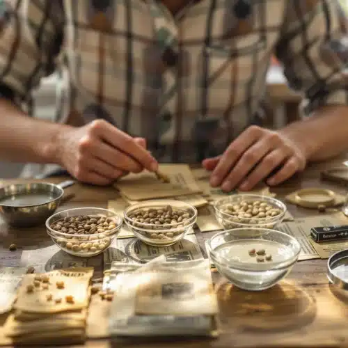 Person sorting and labeling old cannabis seeds in preparation for sprouting