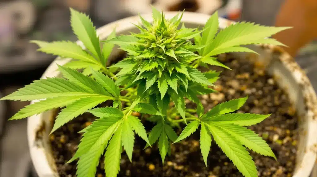 Cannabis plant thriving in super soil to grow cannabis with vibrant green foliage.