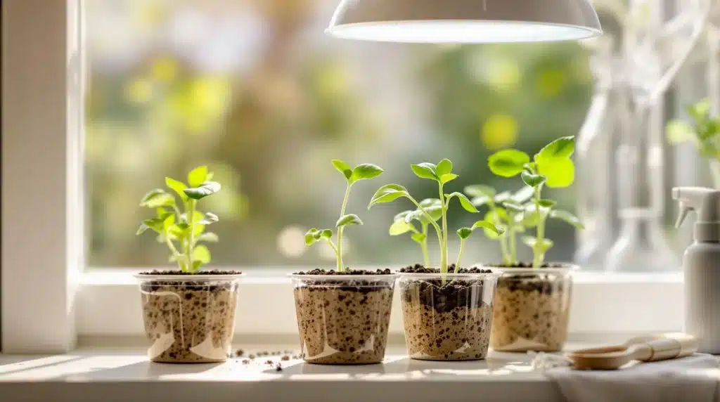 Cannabis seedlings sprouting under grow light in small pots