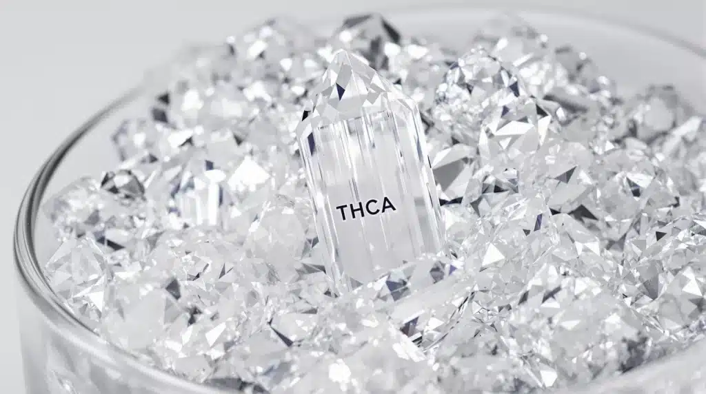 THCA diamonds displayed in a glass container with THCA label
