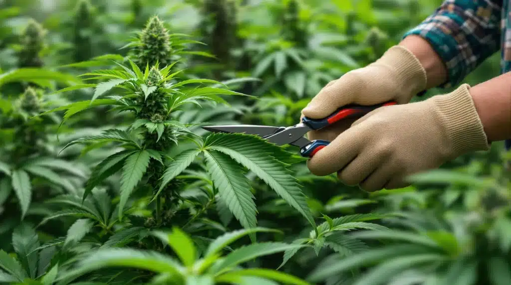 Grower trimming leaves from a cannabis autoflower plant.