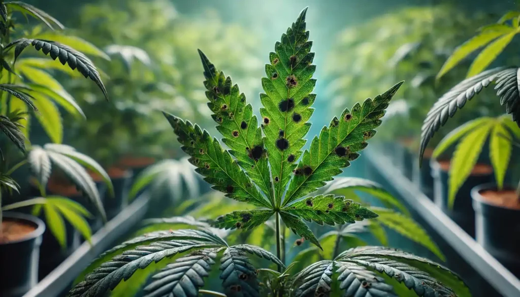 Cannabis leaf with black spots indicating a potential fungal issue, surrounded by healthy plants in a greenhouse setting
