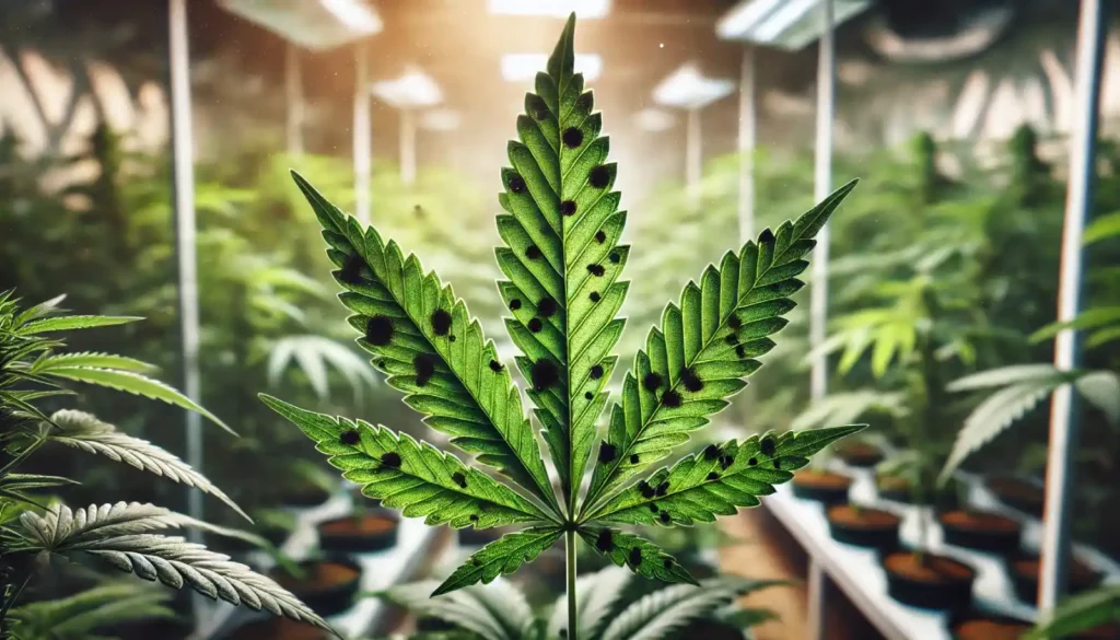 Close-up of a black spots on weed leaves​, with an indoor grow room and potted plants in the background