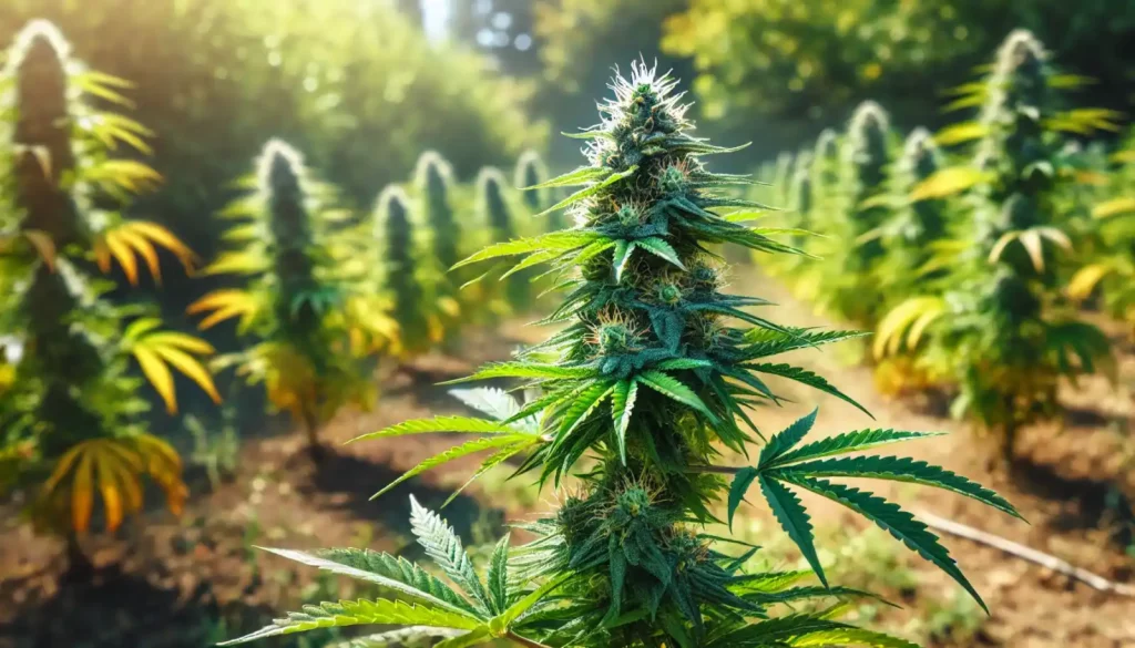 Close-up of a cannabis plant with dense buds in an outdoor field, showing early signs of hermaphrodite characteristics