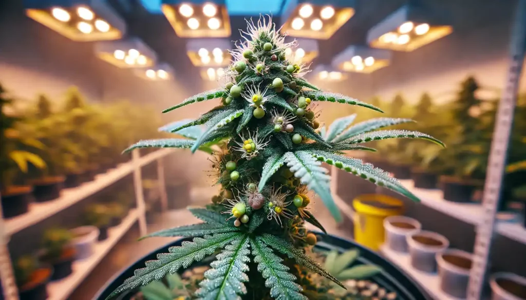 Indoor cannabis plant under LED lights with visible pollen sacs developing alongside buds, indicating early signs of hermie plant