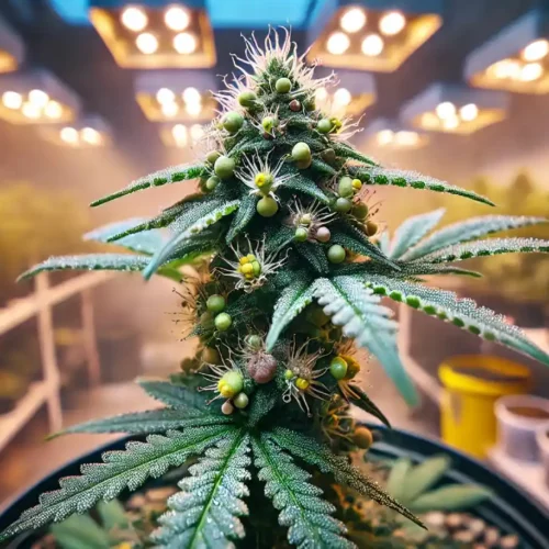 Indoor cannabis plant under LED lights with visible pollen sacs developing alongside buds, indicating early signs of hermie plant