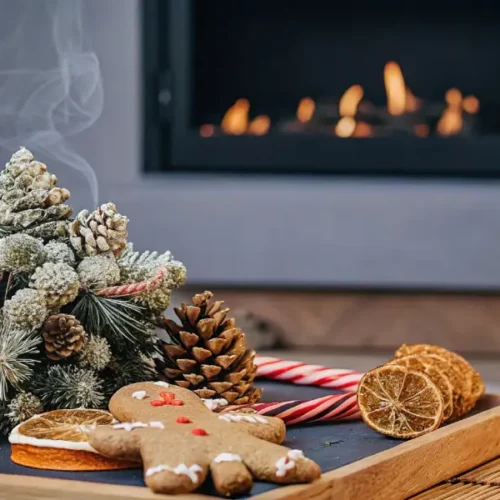 Festive cannabis holiday table with gingerbread cookies, candles, pine cones, and Christmas decorations