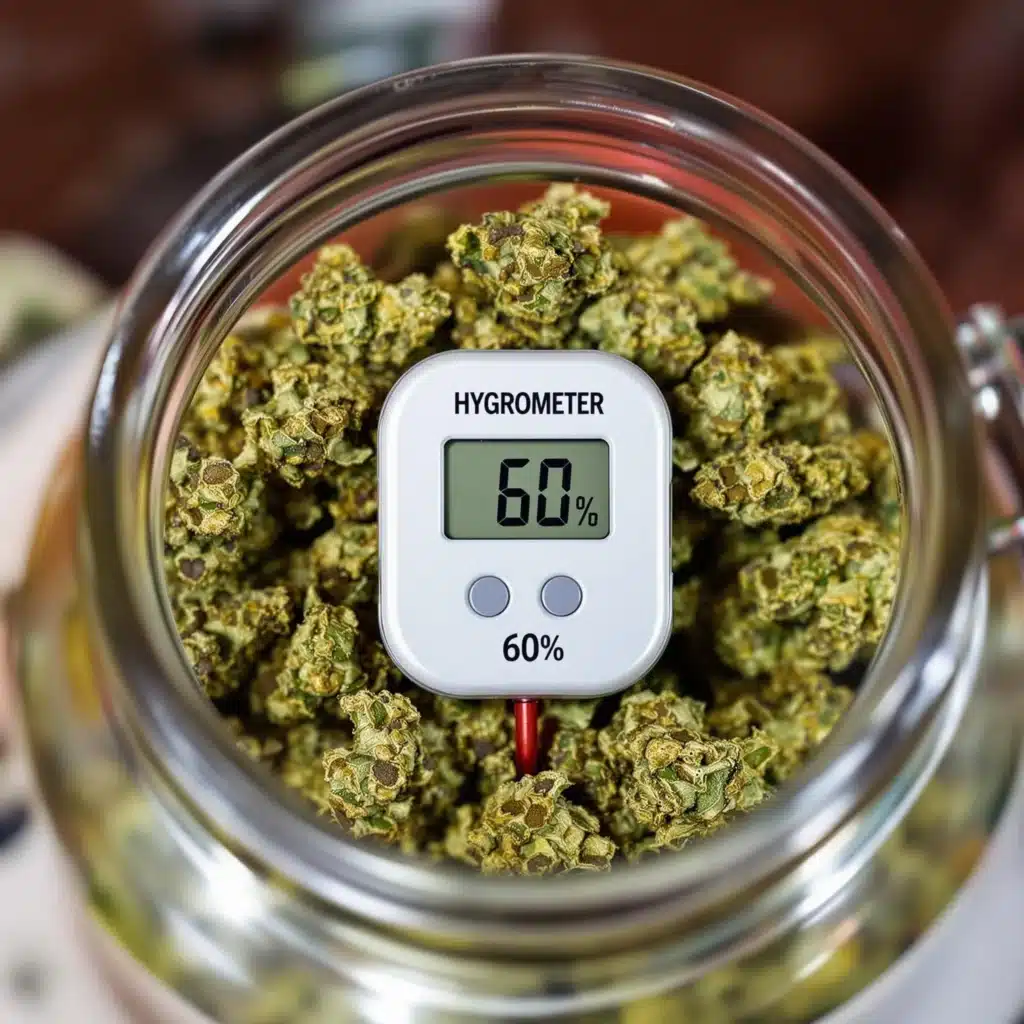 Hygrometer for curing weed inside a glass jar with cannabis buds showing 60% humidity.