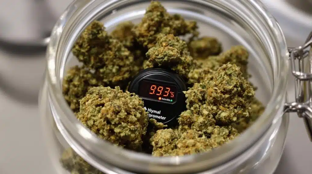 Hygrometer for curing weed inside a jar of Fat Bastard cannabis buds with visible trichomes.