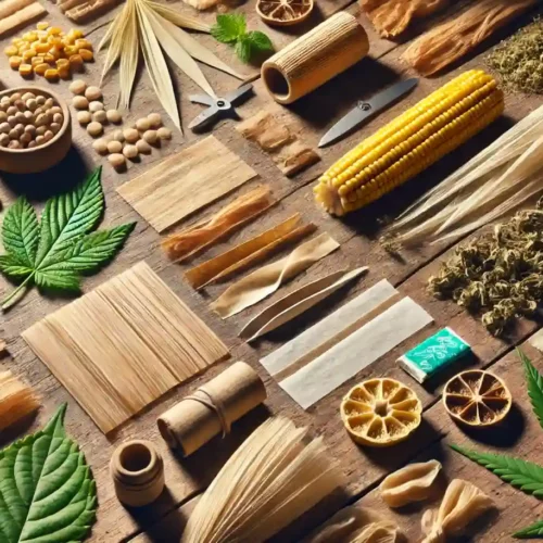 Rolling Paper Alternatives, such as corn husks, dried herbs, and natural fibers, displayed alongside cannabis leaves on a wooden surface