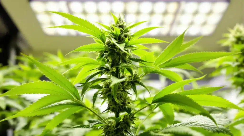 Close-up of a healthy 5-leaves weed plant with vibrant green leaves under grow lights.