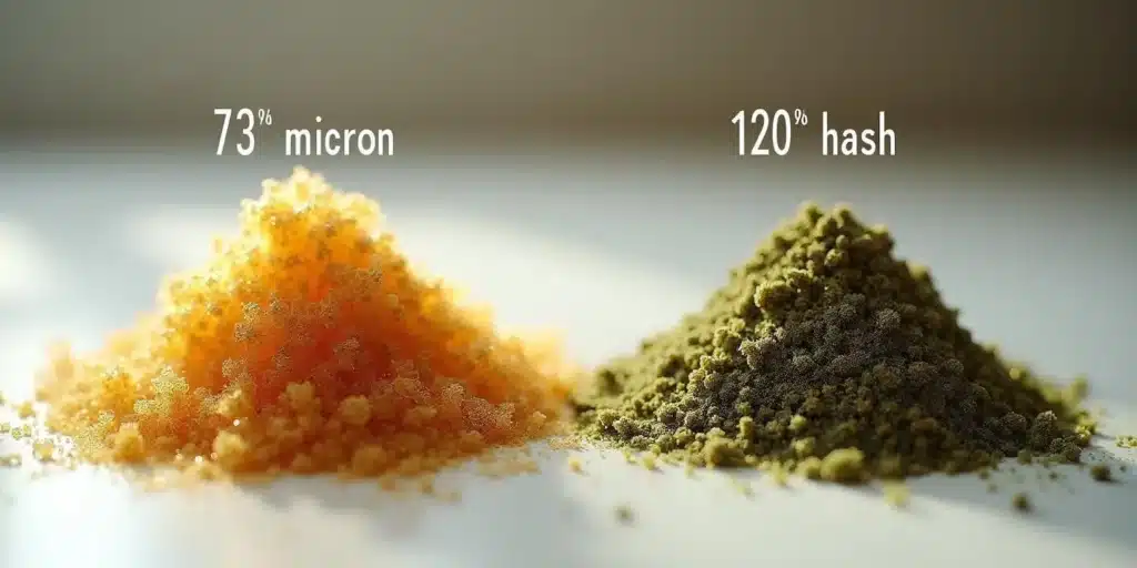 Piles of sifted hash showing 73 micron and 120 micron grades.