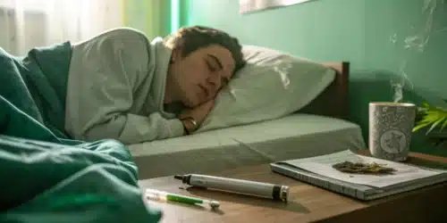 Person sleeping in bed with cannabis and vape pen on the nightstand, alongside a cup with visible smoke rising in a softly lit bedroom