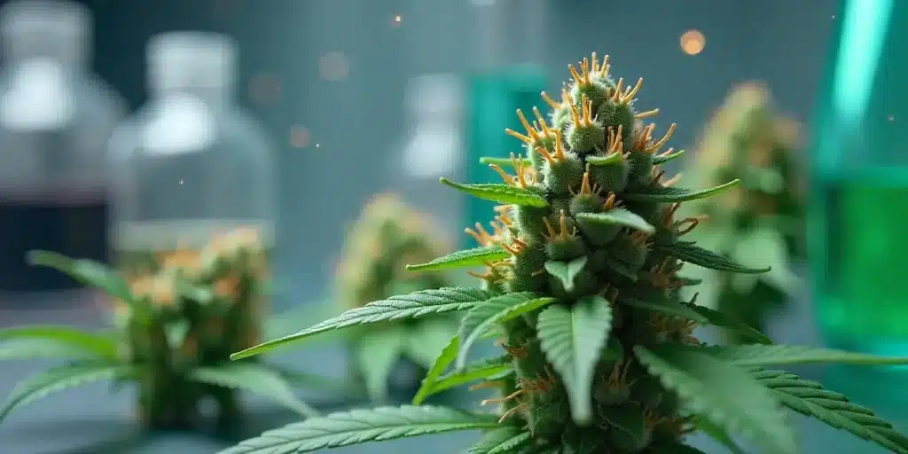 A detailed view of an autoflowering cannabis plant with undeveloped trichomes under grow lights. Understand why trichomes don’t turn amber and when to harvest for best potency.