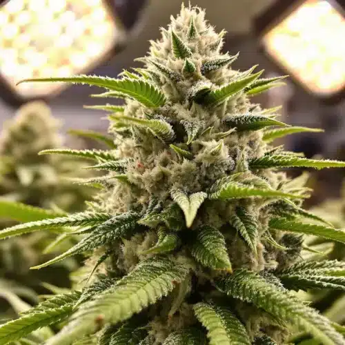 Autoflower cannabis plant in week 6 with dense buds and milky trichomes.