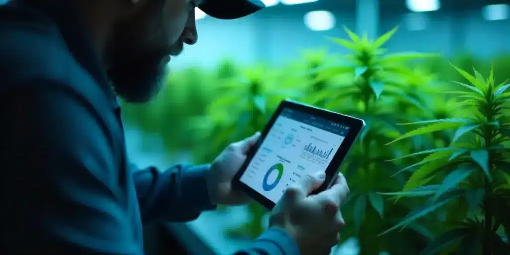 A grower analyzes the moisture and curing of cannabis with a tablet to control the curing process in automatic curing buckets.
