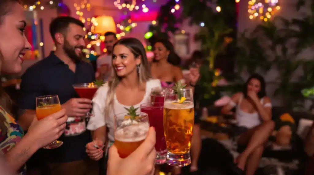 Party scene with people holding cocktails in the foreground and a chill lounge area in the background with someone using cannabis.