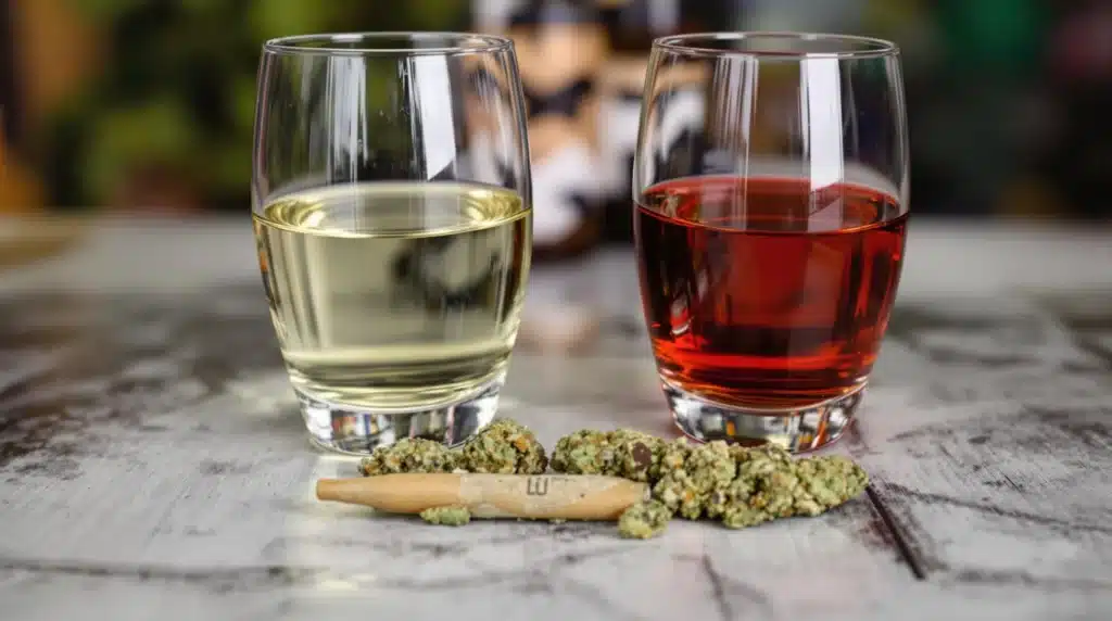 A table with two glasses of alcohol on one side and a cannabis joint with buds on the other, illustrating the contrast between drinking and cannabis use.