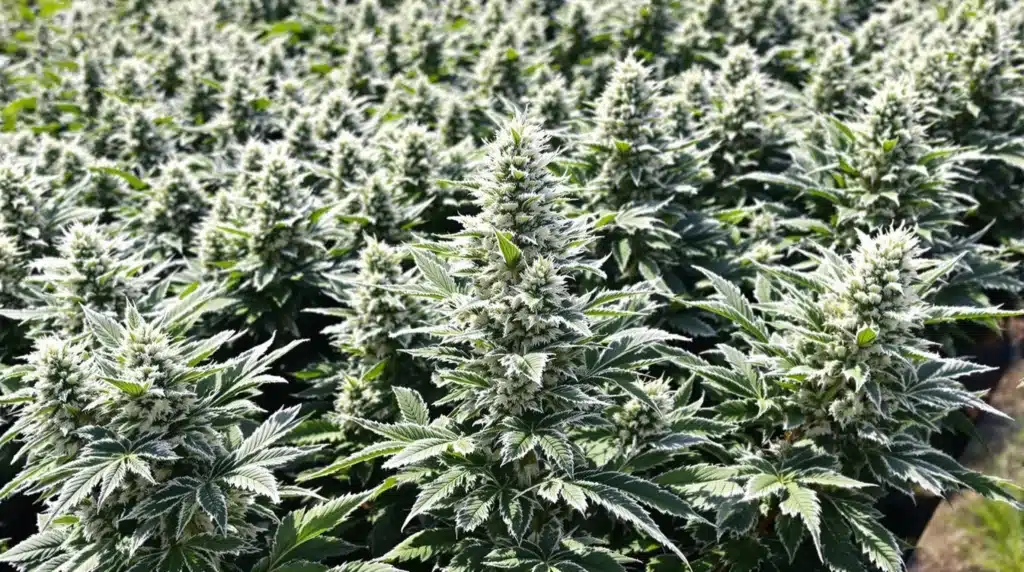Northern Lights Auto plants with dense frosty buds growing outdoors.