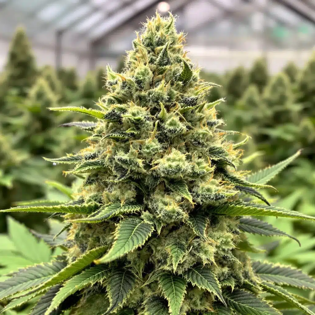 Close-up of resin-coated autoflower cannabis buds in a greenhouse.