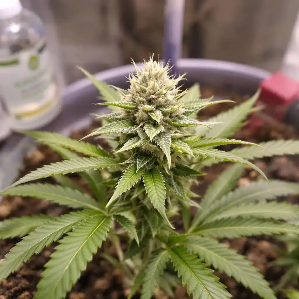 Healthy autoflowering cannabis plant thriving with liquid nutrient application.