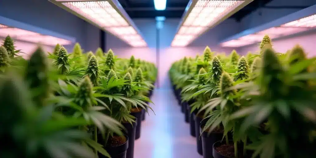 Rows of lush autoflowering cannabis plants under LED grow lights, thriving with a carefully managed feeding schedule designed for robust growth and high cannabinoid production.