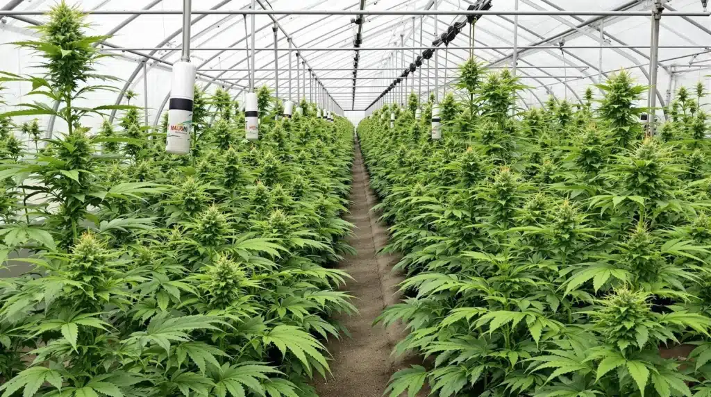 Cannabis plants in a greenhouse flourishing with the help of the best bloom booster for weed.