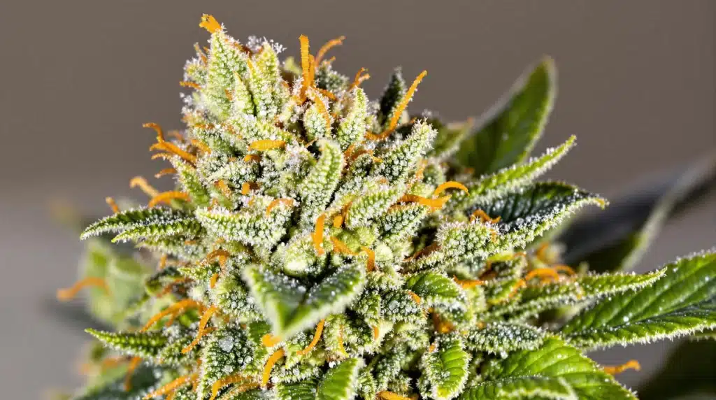 Close-up of a cannabis flower showcasing sparkling trichomes and vivid orange pistils.