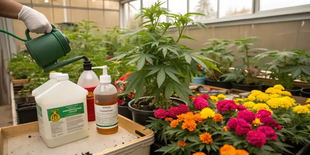 Cannabis plant in a greenhouse being watered with bloom boosters, surrounded by colorful flowers and organic nutrient bottles