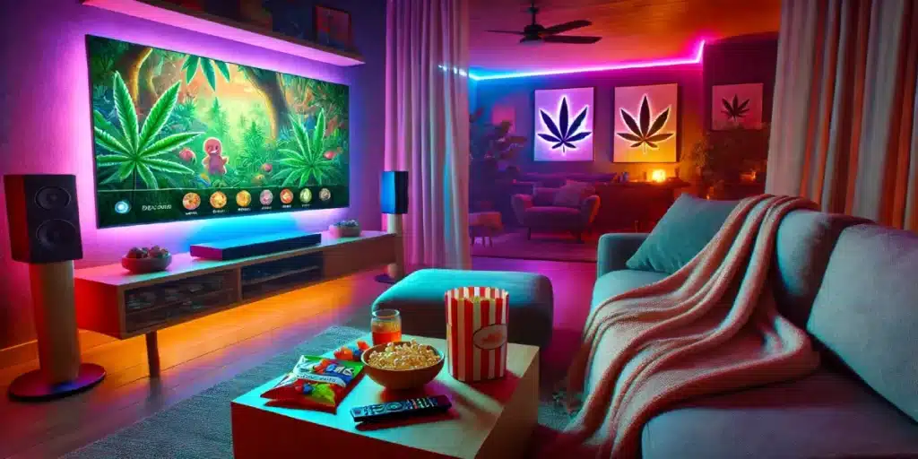 Cozy living room with vibrant cannabis-themed decor, snacks, and a TV displaying a colorful cartoon jungle adventure
