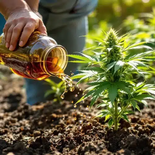 Applying the best compost tea for flowering cannabis to promote healthy bud growth and nutrient-rich soil.