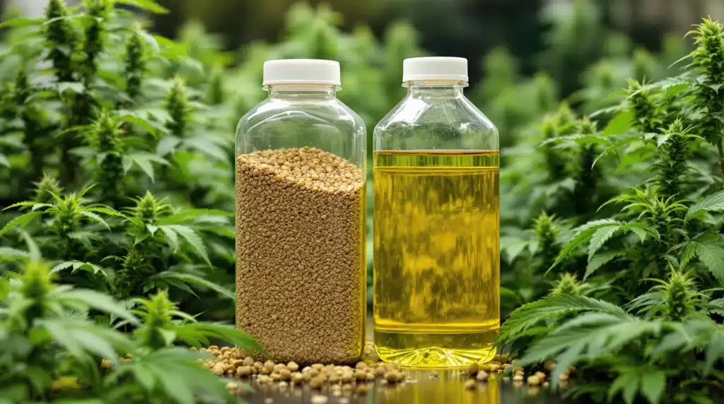 Granular and liquid fertilizers for outdoor cannabis plants in bloom phase.