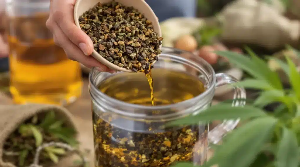 Nutrient-rich compost tea preparation for outdoor cannabis bloom fertilization.