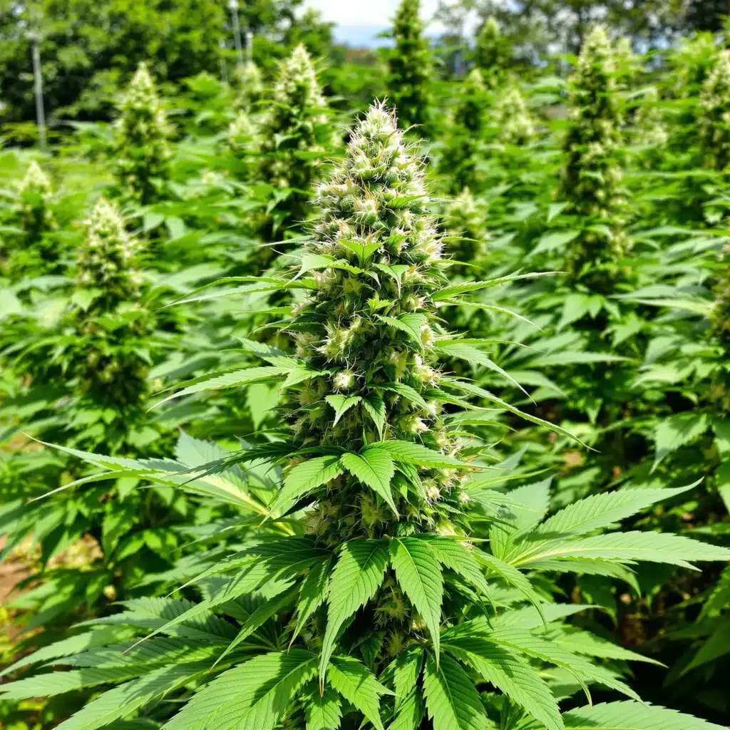 Healthy outdoor cannabis plants in full bloom phase with lush green leaves and resinous buds.