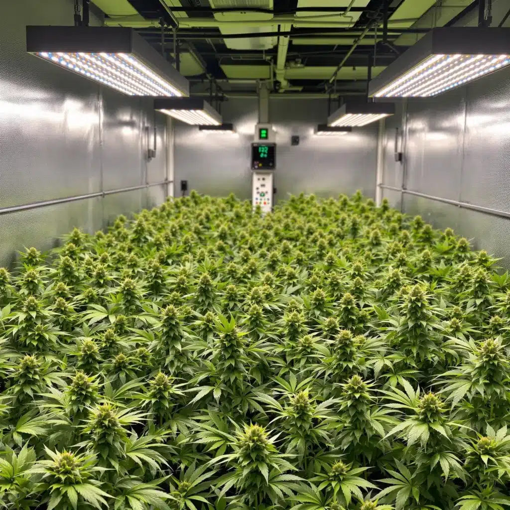 Indoor cannabis grow room with LED lights and healthy plants.