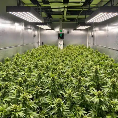 Indoor cannabis grow room with LED lights and healthy plants.