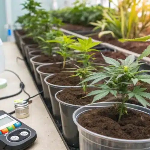 Rows of young cannabis plants with a pH meter and watering system, indicating optimal pH for cannabis.