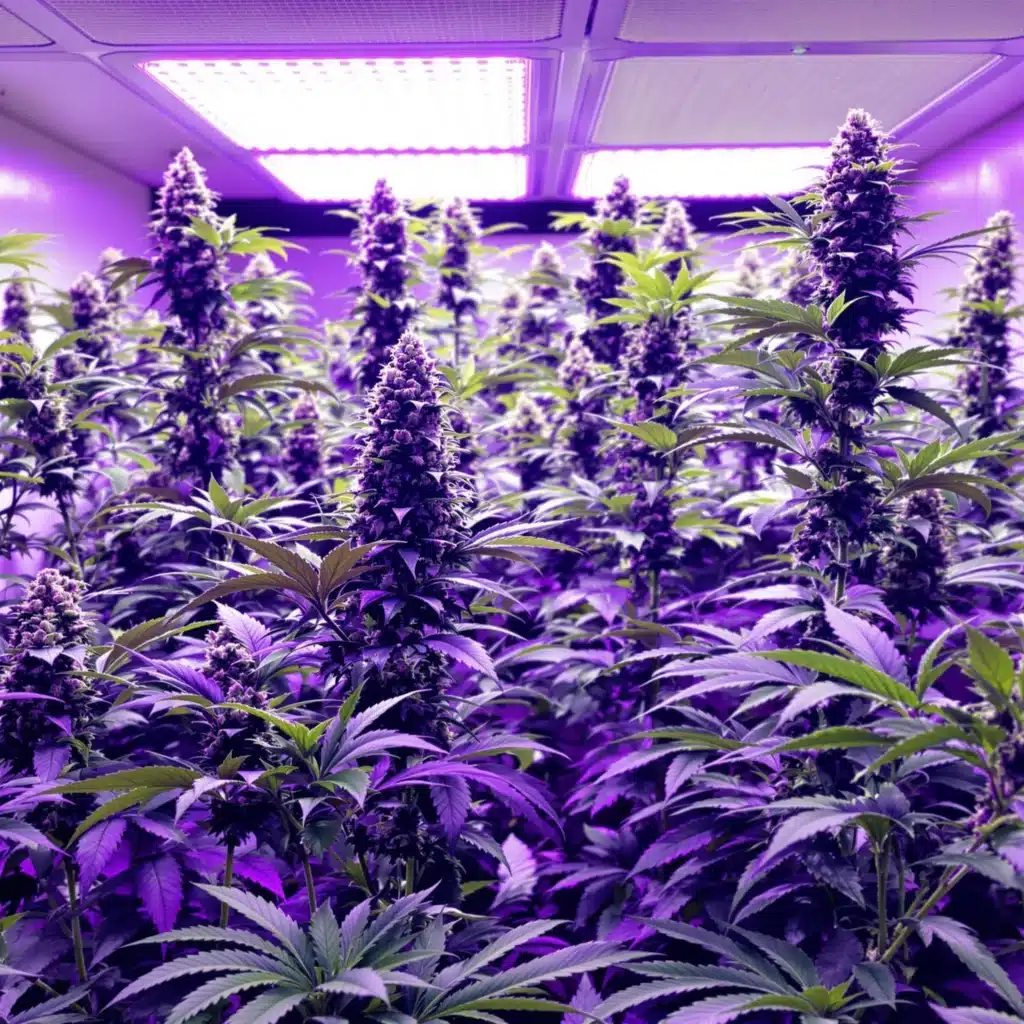 Indoor cannabis grow room showcasing thriving big yield strains under LED lights.
