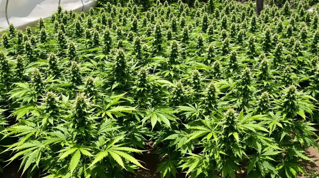 Outdoor cannabis garden with sunlit high-yield plants thriving in natural conditions.