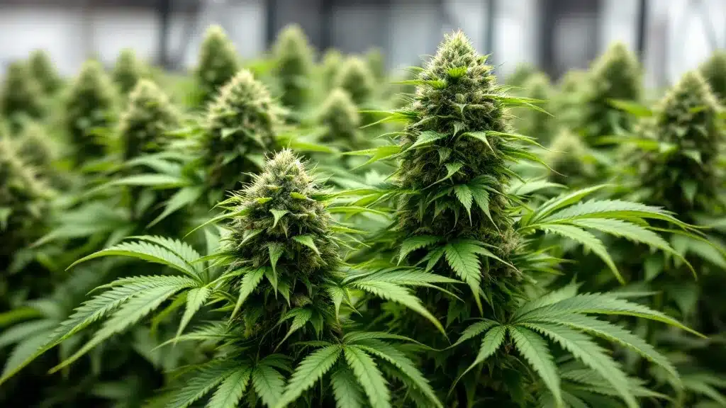 Big Bud cannabis plant indoors with large compact colas in a grow tent.