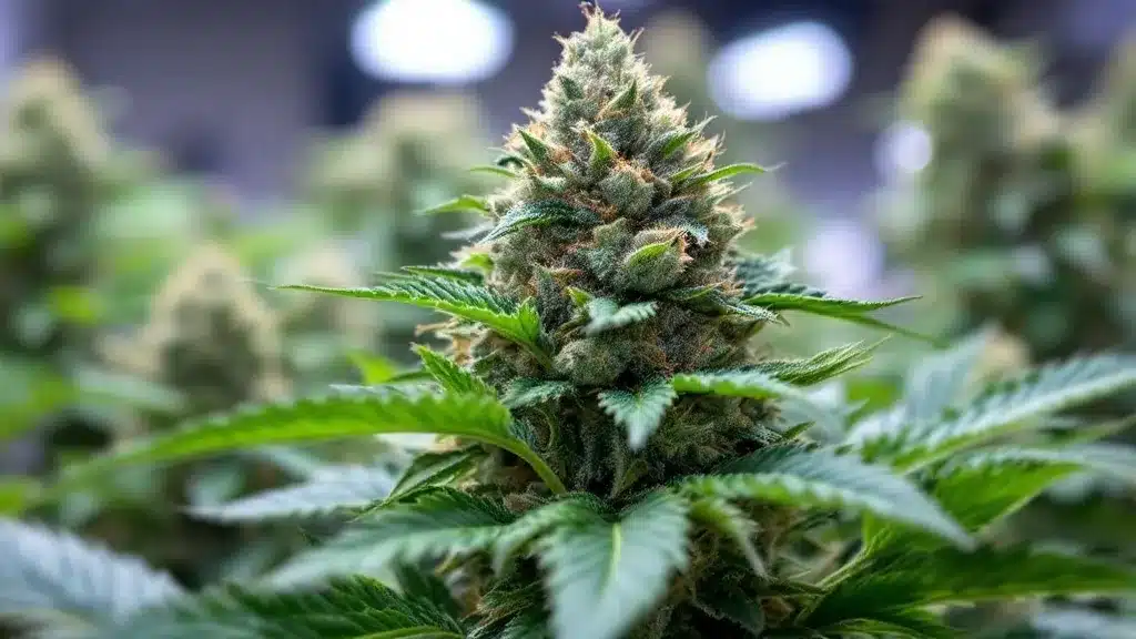 Close-up of Gorilla Glue #4 plant with resin-rich buds under indoor grow lights.