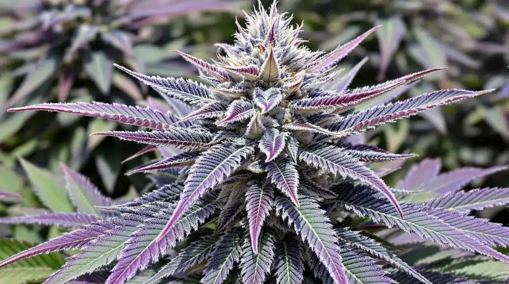 Blueberry cannabis seeds growing into a frosty plant with purple-hued leaves and lush buds in a natural environment.