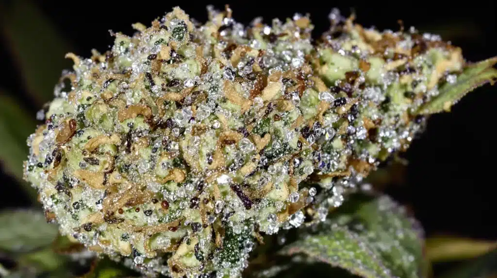 Close-up of Blueberry cannabis seeds producing trichome-rich buds with vibrant colors and dense resin.
