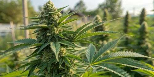 Cannabis plant growing in a greenhouse with leaves and buds in focus, sunlight streaming through the glass.
