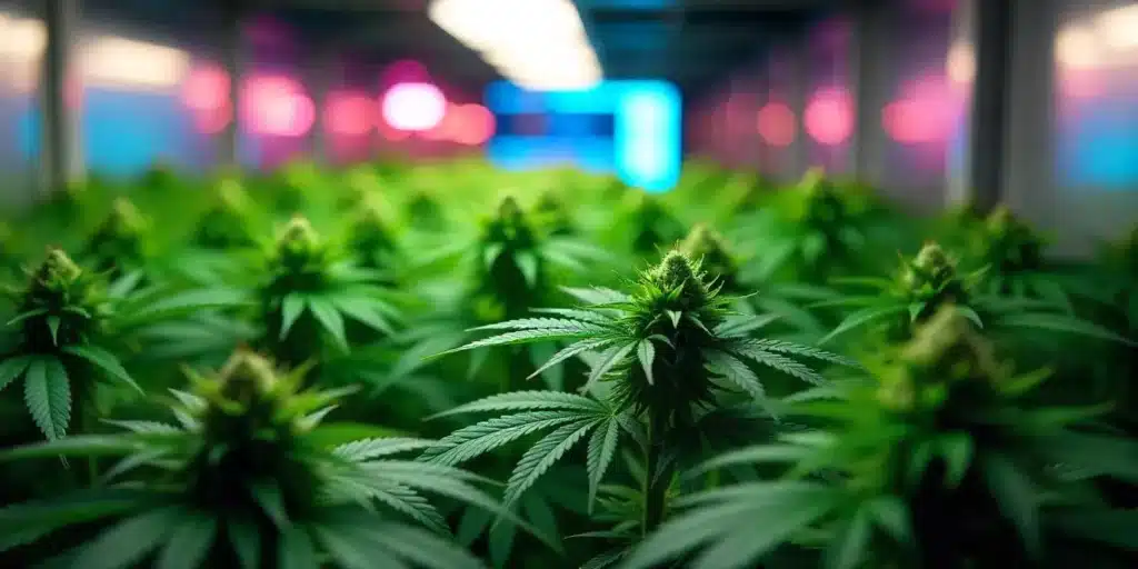 Cannabis plant with five distinct leaves in a potted indoor