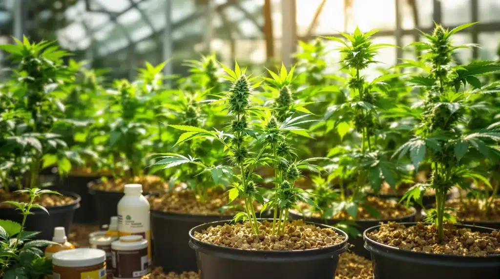 Cannabis plants in pots with coco coir and nutrients in a greenhouse