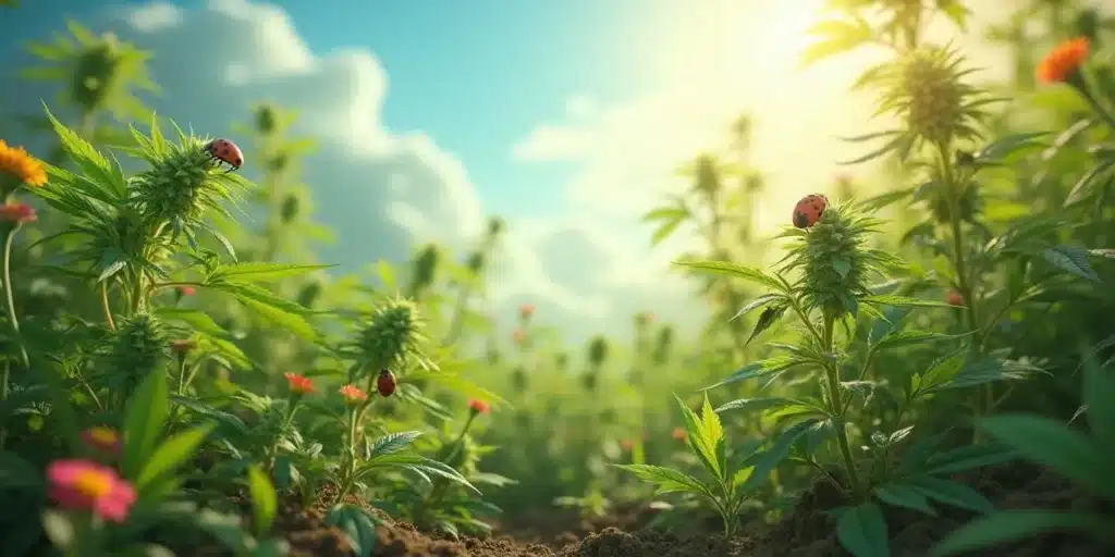 Cannabis plants in late flowering stage with ladybugs as natural pest control for aphids.