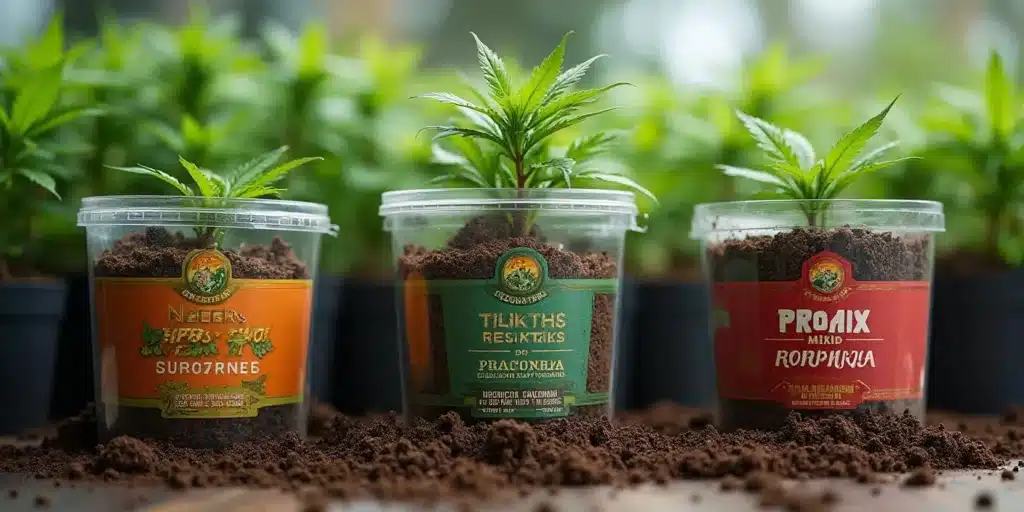 Cannabis seedlings in clear containers with the best potting soil for growing weed.