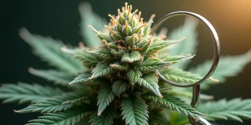 Close up of a cannabis bud covered in trichomes, 7 weeks into flowering.